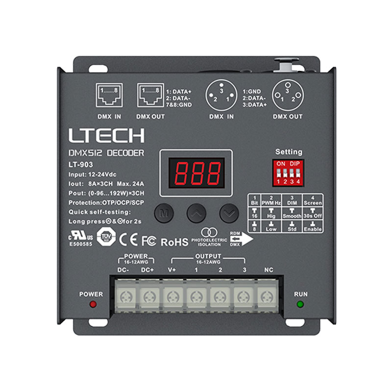 DC12-24V,Max. 24A,3CH CV DMX Decoder LT-903 DC12-24V,Max. 24A,3CH CV DMX Decoder LT-903